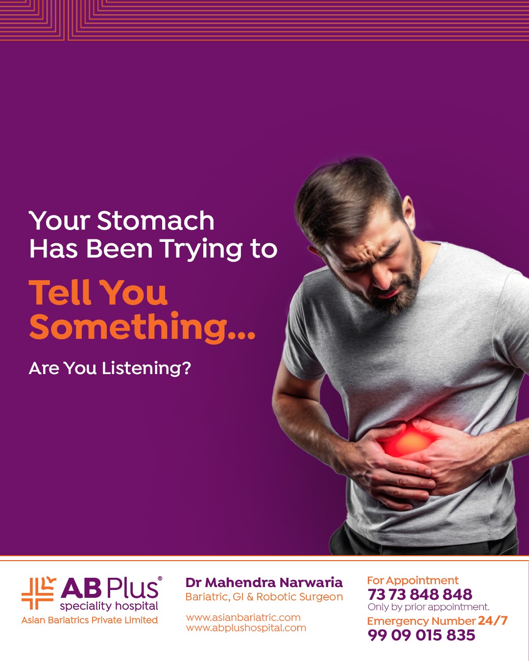 AB Plus Hospital Facebook ad: Your stomach has been trying to tell you…