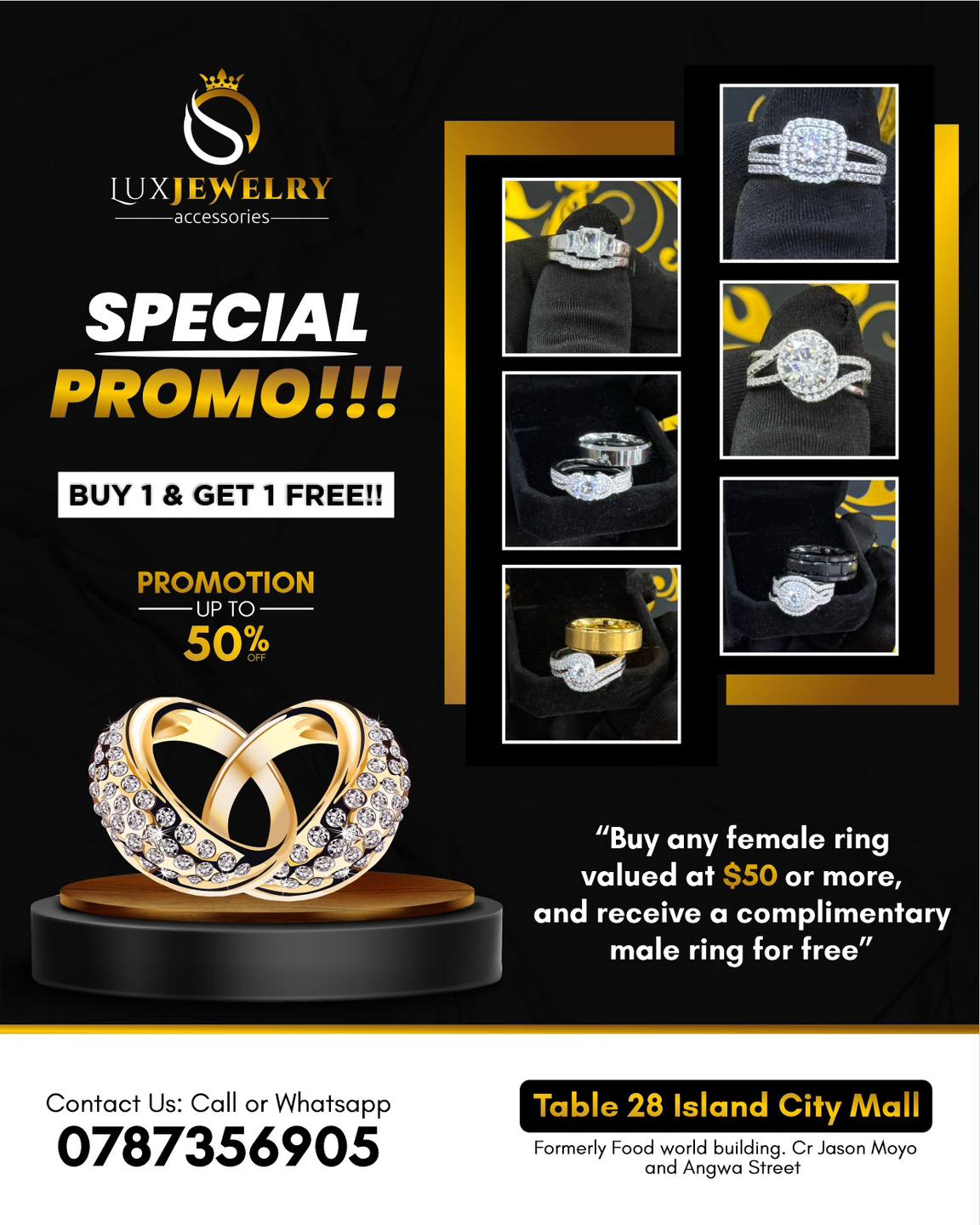 Luxjewelry Zimbabwe Facebook ad: SPECIAL PROMO! Buy any female ring valued at…