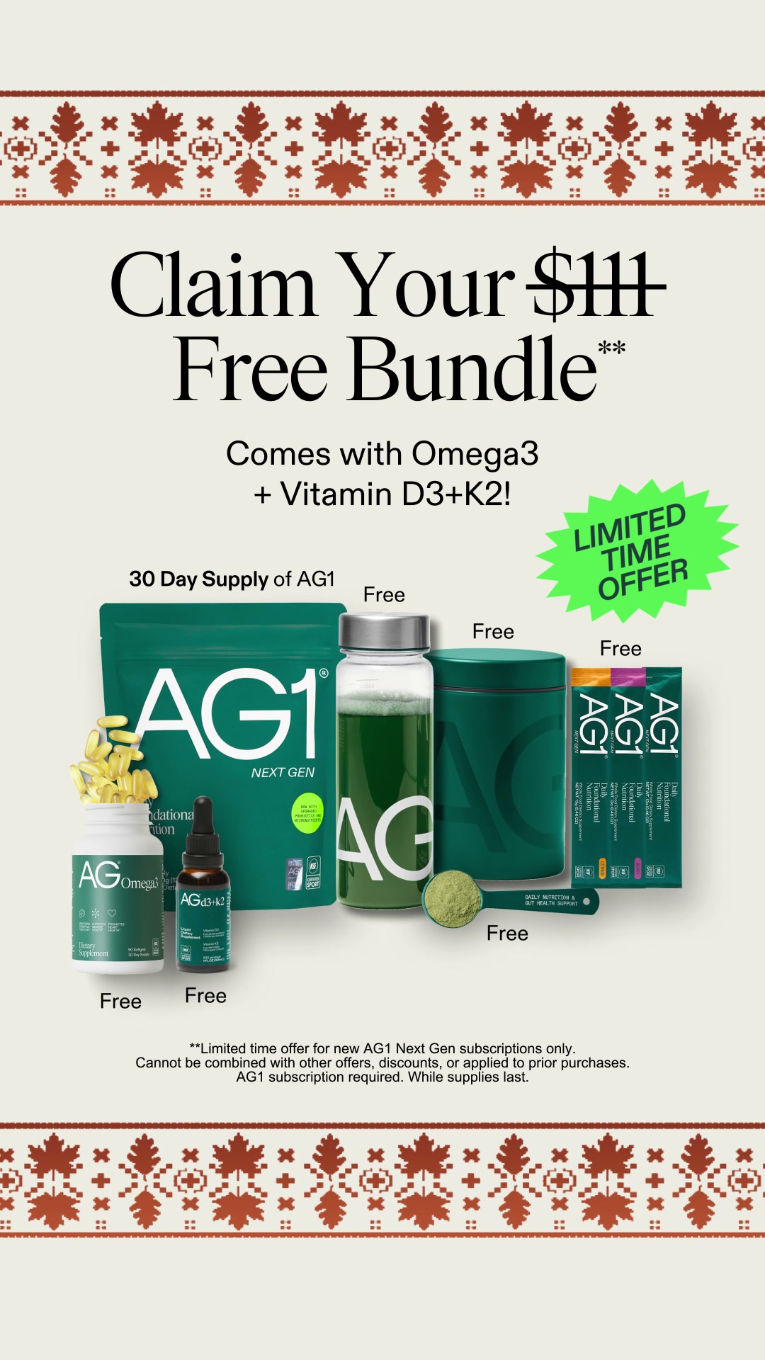 AG1 by Athletic Greens Facebook ad: Free $68 Gift With First Order**