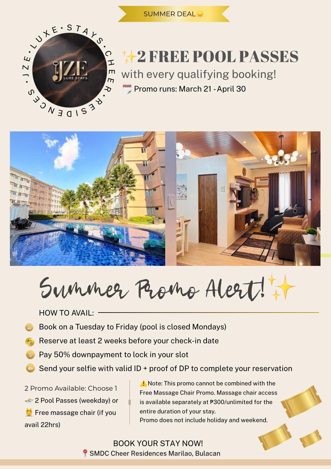 JZE Luxe Stays - Cheer Residences Facebook ad: Looking for a stress-free staycation?
