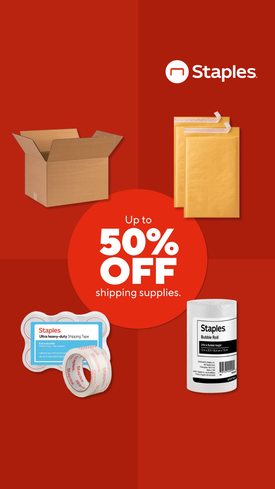 Staples Facebook ad: Up to 50% off.
