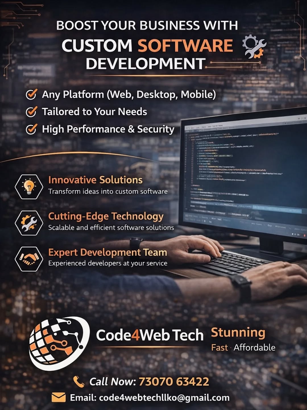 Code4web Tech Facebook ad: Custom Software for Smart Businesses!