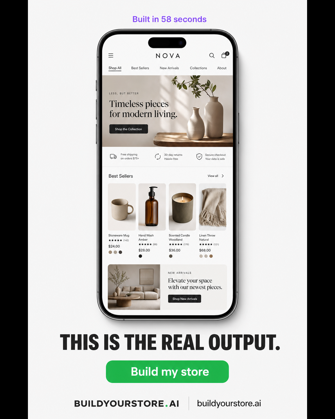Buildyourstore Facebook ad: Your Shopify store. Live in 2 minutes