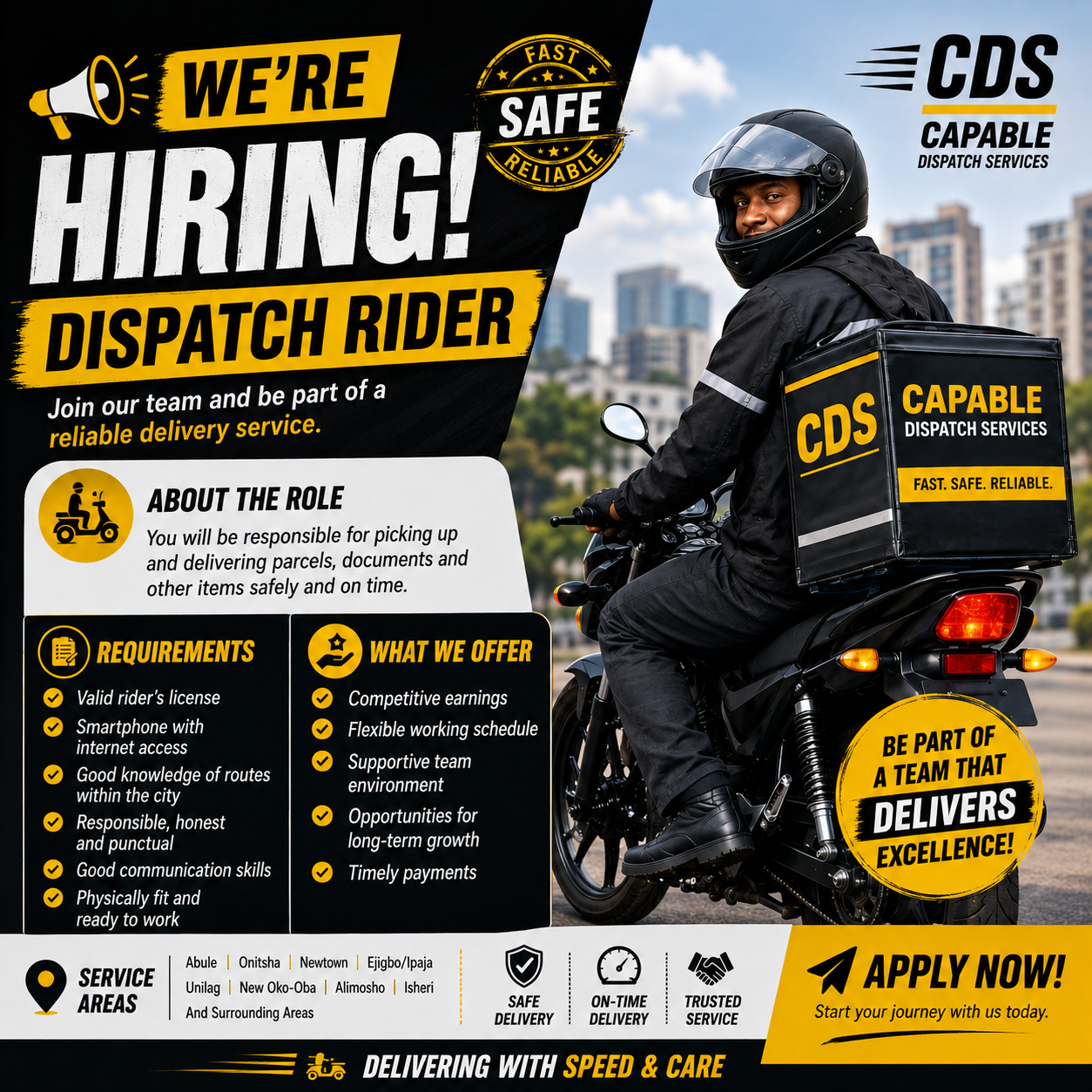 Superly Facebook ad: Vacancy! Competent Dispatch Rider Needed