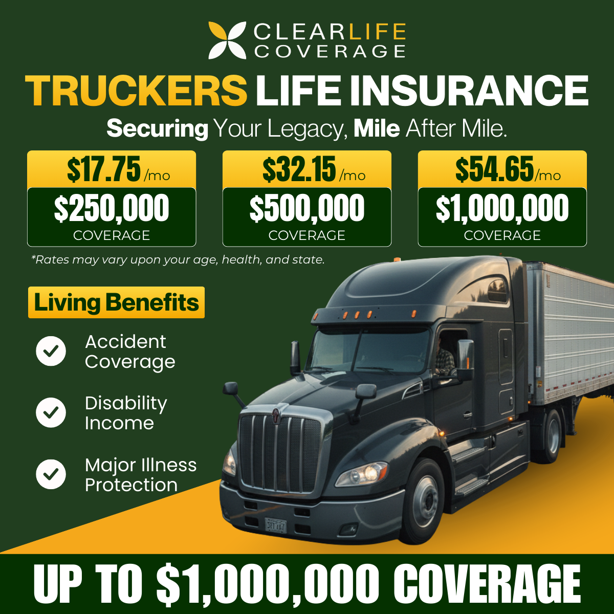 ClearLife Coverage Facebook ad: NO BLOODWORK. EASY APPROVAL FOR TRUCK DRIVERS