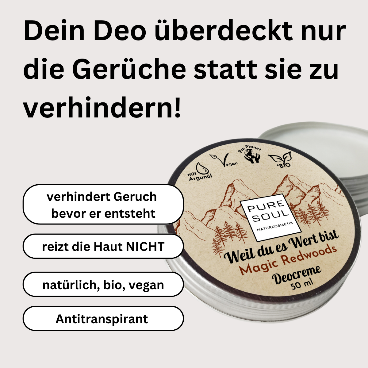 PURE SOUL Naturkosmetik Facebook ad: Kontrolliert das Schwitzen deinen Alltag