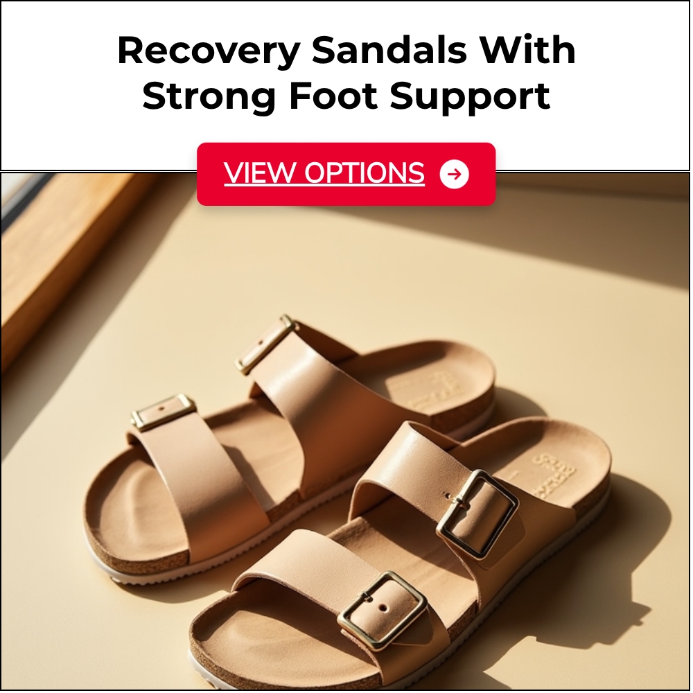 ExploreAnswers Flare Facebook ad: Recovery Sandals With Strong Foot Support.