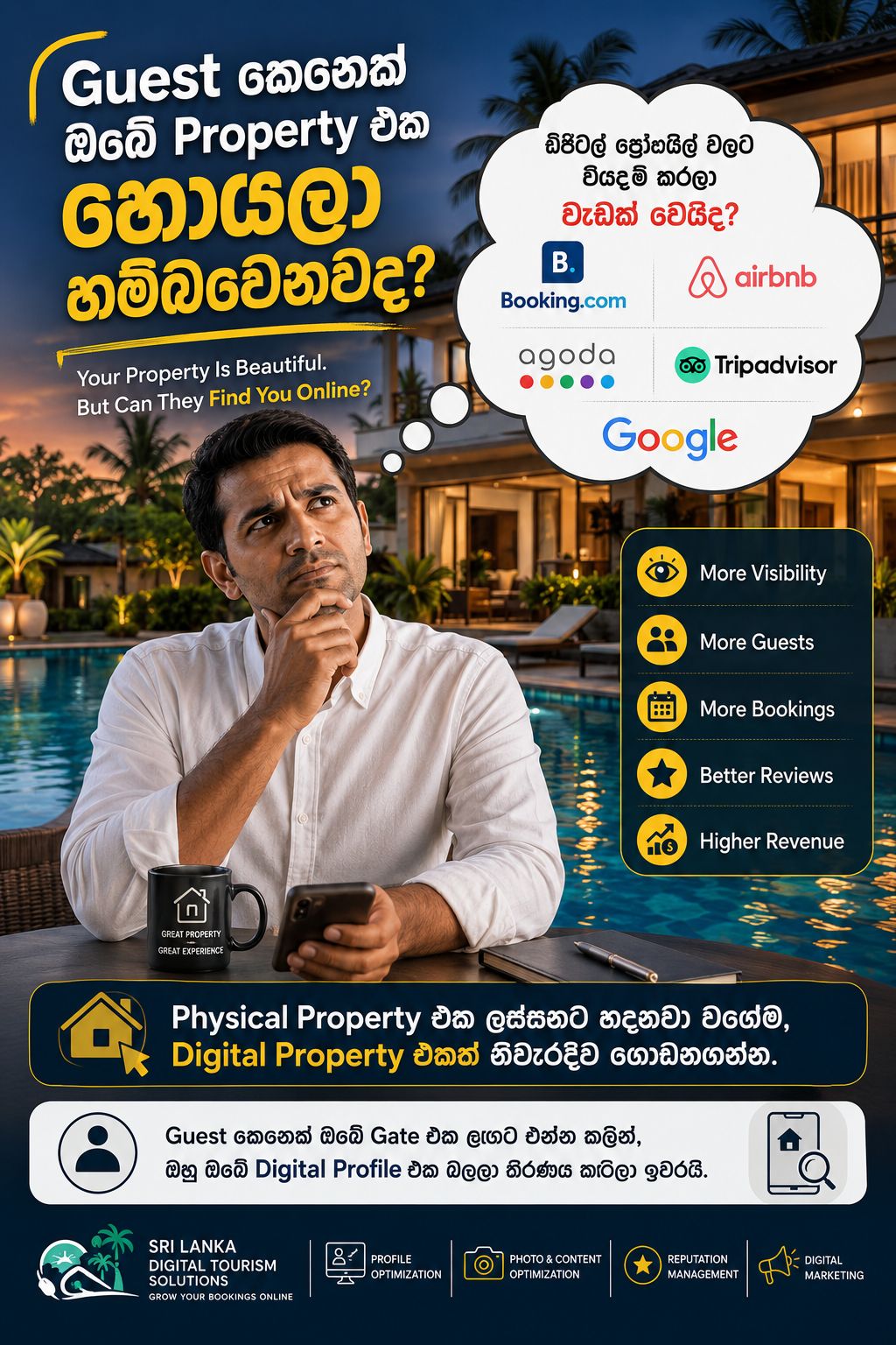 Sri Lanka Digital Tourism Solutions Facebook ad: ඔබේ Hotel / Villa එක ලස්සනට හදලා තිබුණත්…