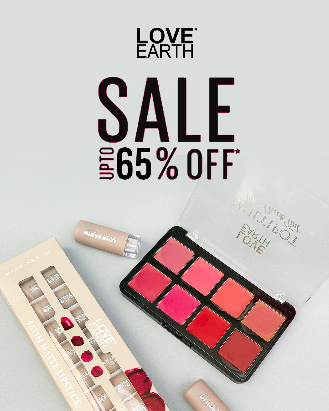 loveearth_handmade Facebook ad: Up to 65% OFF on Lip Palettes & Mini Lipsticks