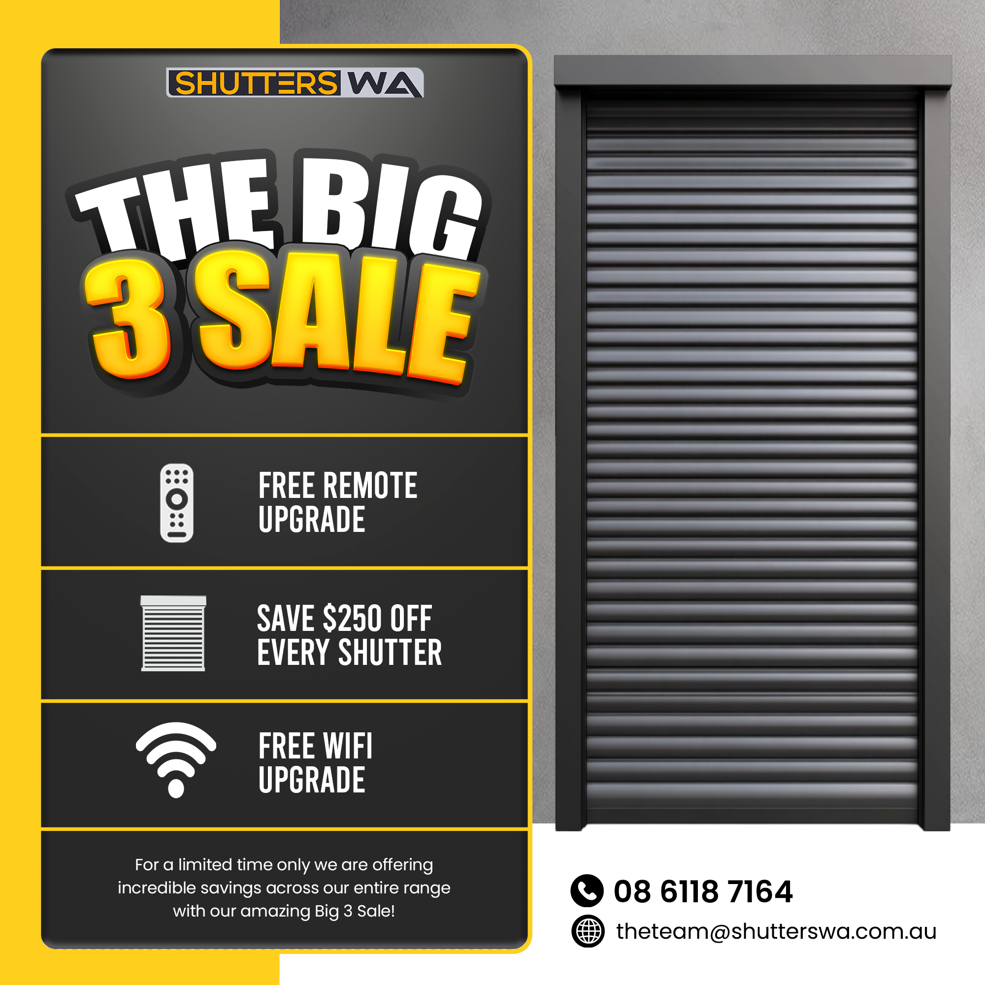 Shutters WA Facebook ad: BIGGER Savings $$$ = FREE Installation
