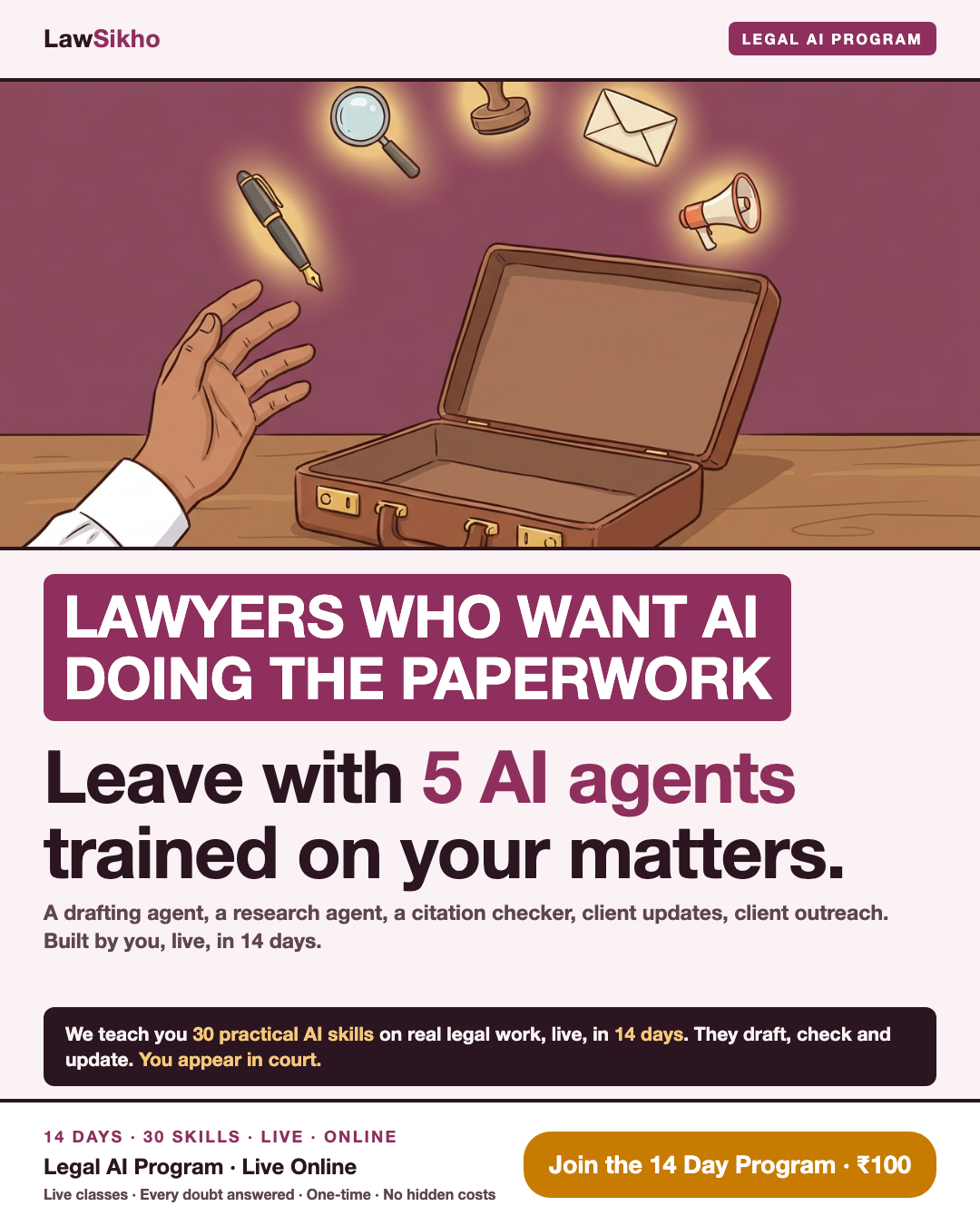 LawSikho Facebook ad: Leave With 5 AI Agents Trained on Your Matters