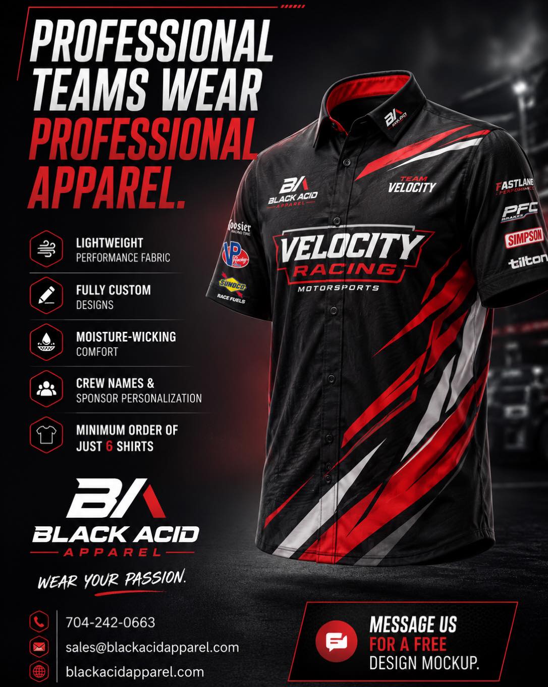 BlackAcid Custom Racing Apparel Facebook ad: You spend thousands on your race car.