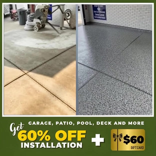 NINJA Concrete Coatings Facebook ad: 𝟲𝟬% 𝗢𝗙𝗙 𝗜𝗻𝘀𝘁𝗮𝗹𝗹𝗮𝘁𝗶𝗼𝗻 + $𝟲𝟬 𝗚𝗜𝗙𝗧…