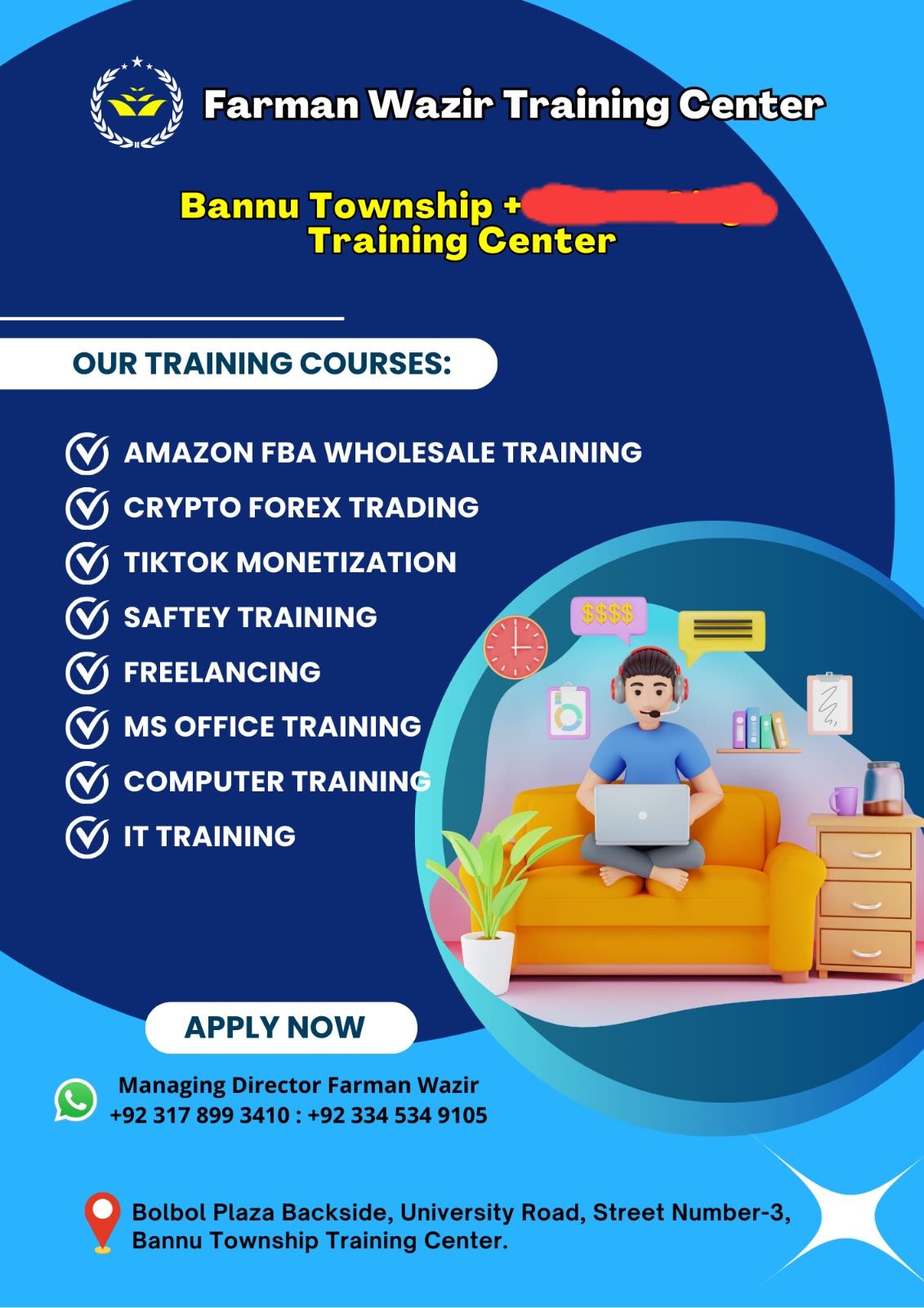 Farman Wazir Training center Facebook ad: We offer various training programs, including