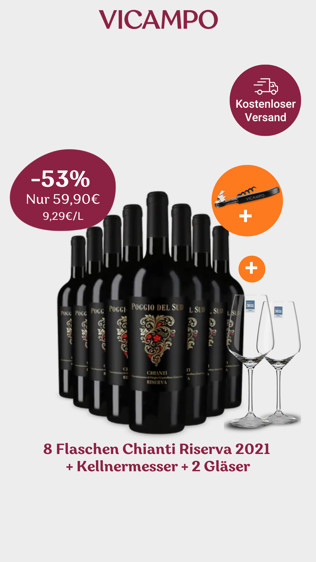 Vicampo Facebook ad: Der perfekte Genussmoment - 8x Chianti Riserva mit 2…