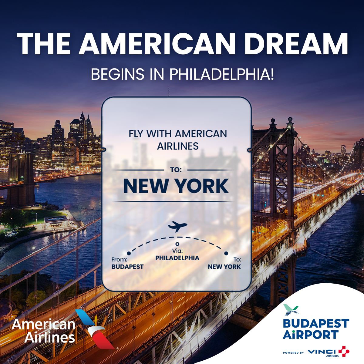 Budapest Airport Facebook ad: Embark on your American adventure directly from Budapest.