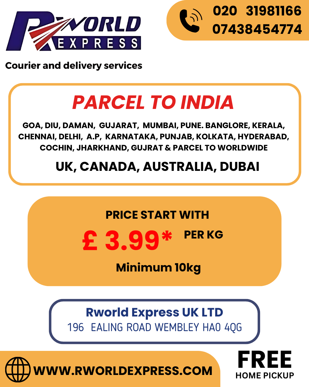 RWorld Express UK LTD Facebook ad: Parcel to India