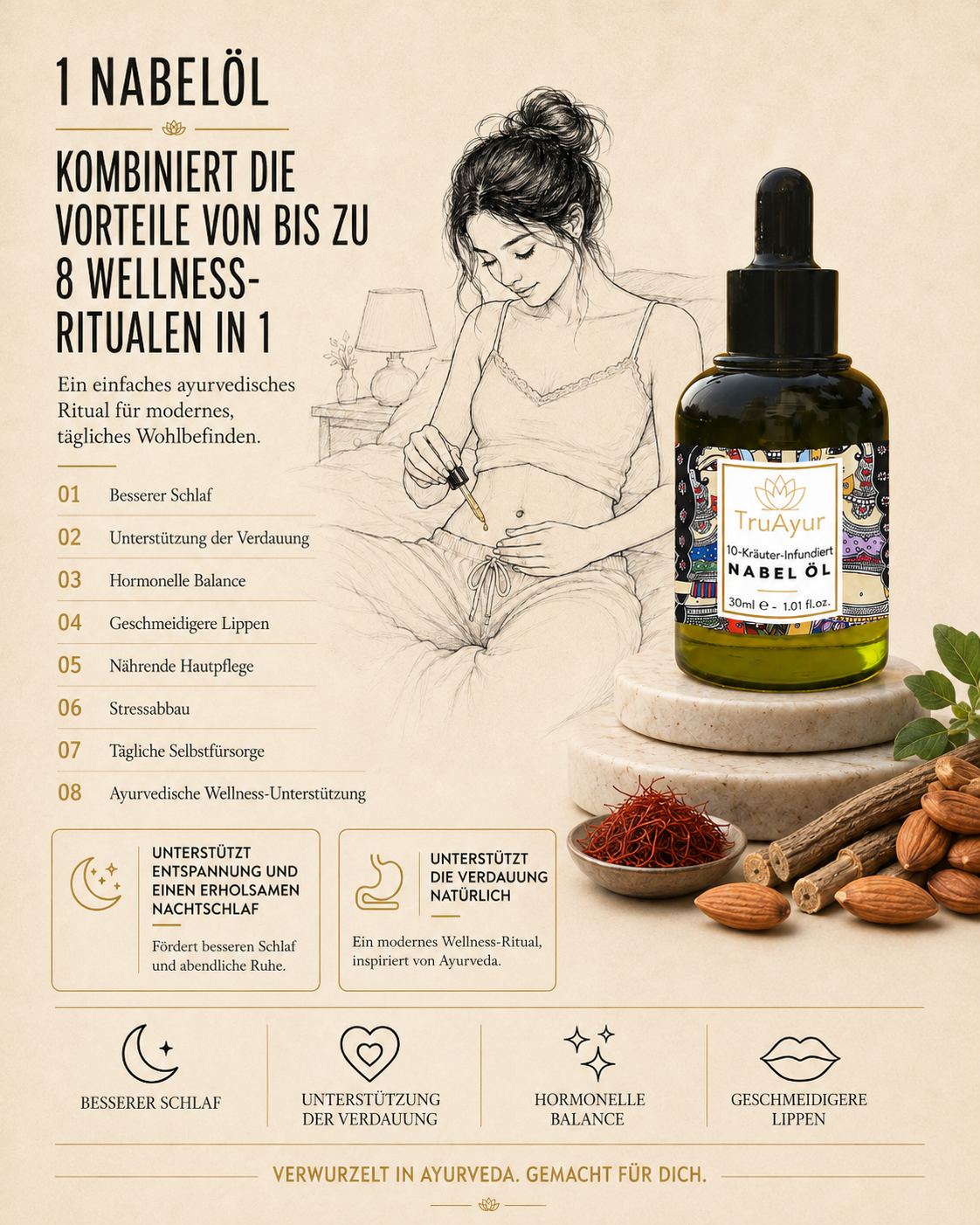 TruAyur Facebook ad: 10-Kräuter-Nabelöl für Hormonelles Gleichgewicht, tieferen…