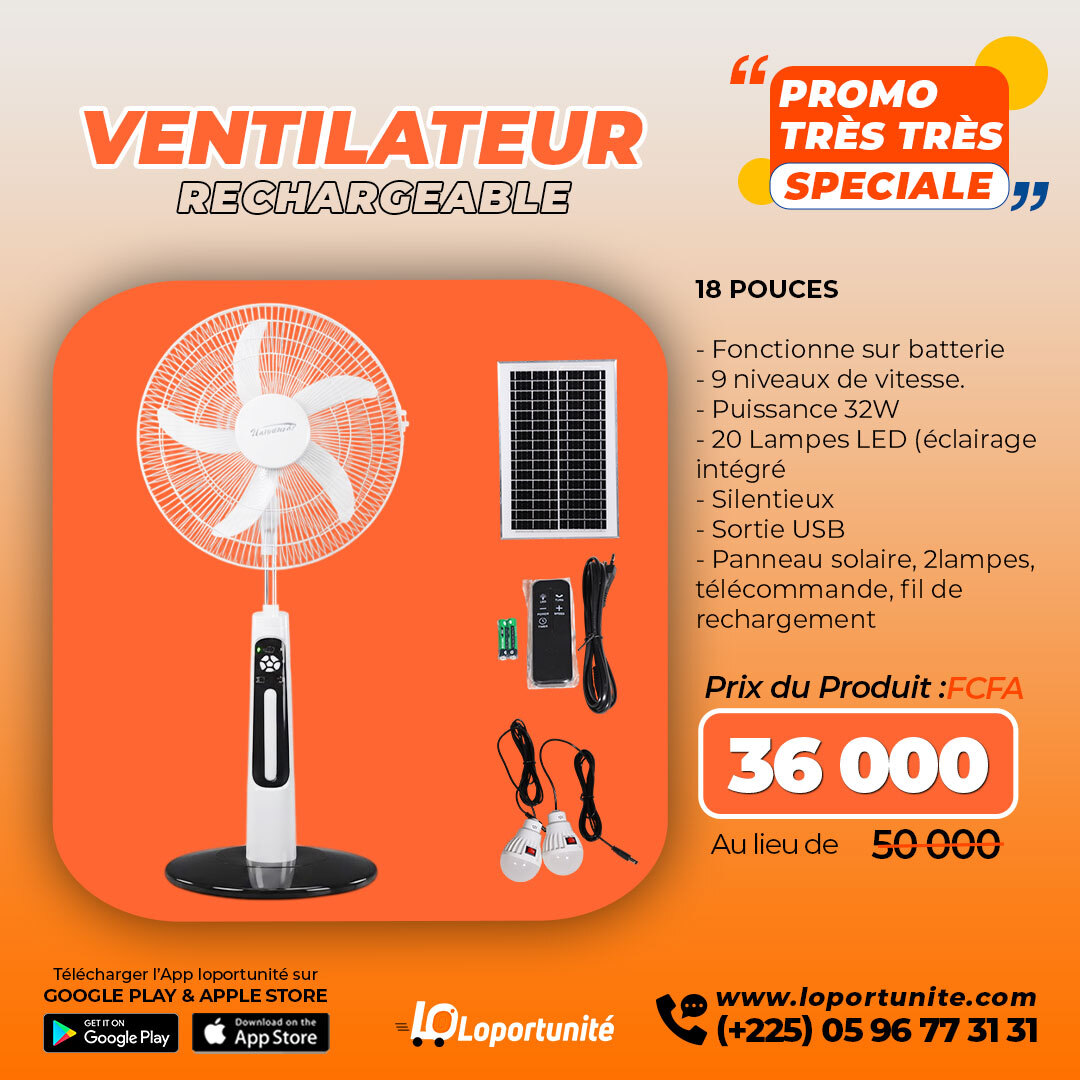 Loportunite Facebook ad: VENTILATEUR RECHARGEABLE 18 POUCES