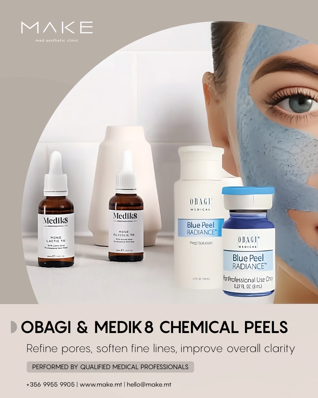 MAKE med-aesthetic clinic Facebook ad: Gently exfoliate, smooth fine lines, even out pigmentation…