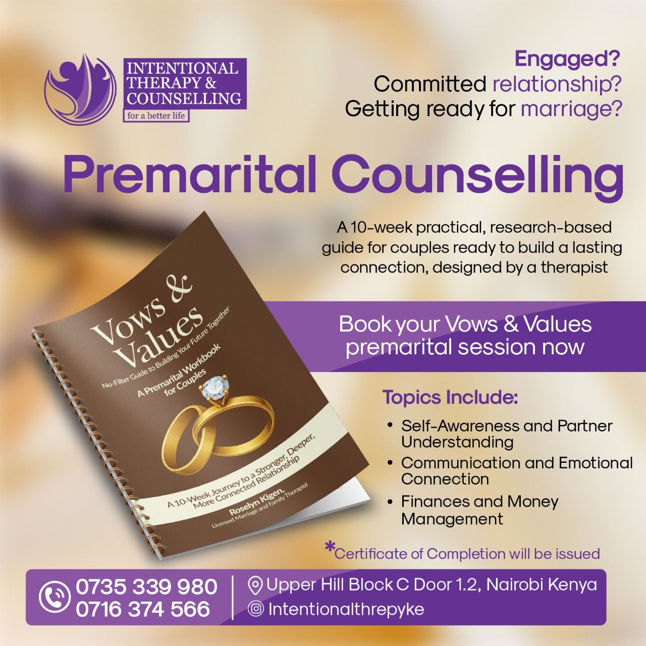 Intentional Therapy for a better life Facebook ad: Premarital Therapy 10-weeks sessions built in understand…