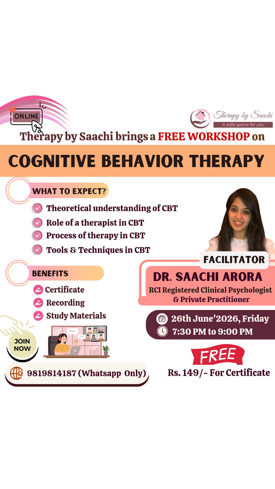 Therapy by Saachi Facebook ad: Join us for the FREE WORKSHOP on Cognitive…
