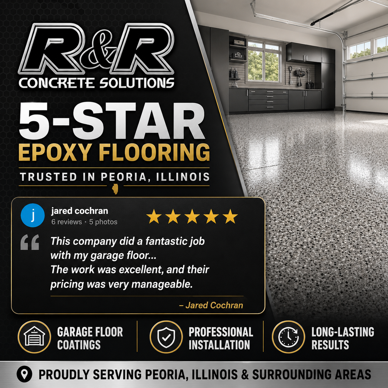 R & R Concrete Solutions Facebook ad: Peoria Homeowners: Upgrade Your Garage