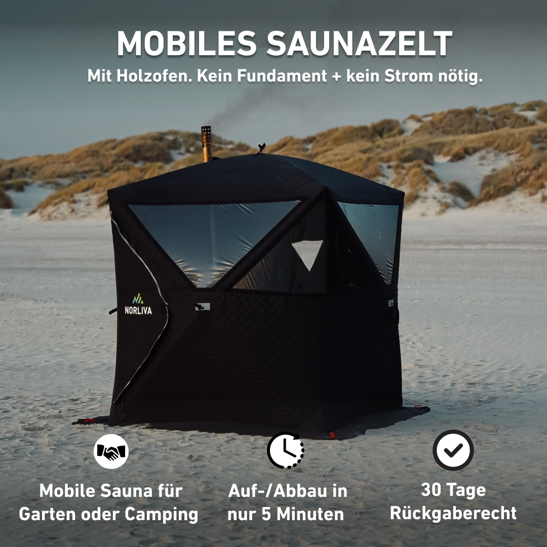 Norliva Facebook ad: Mobiles Saunzelt mit Holzofen