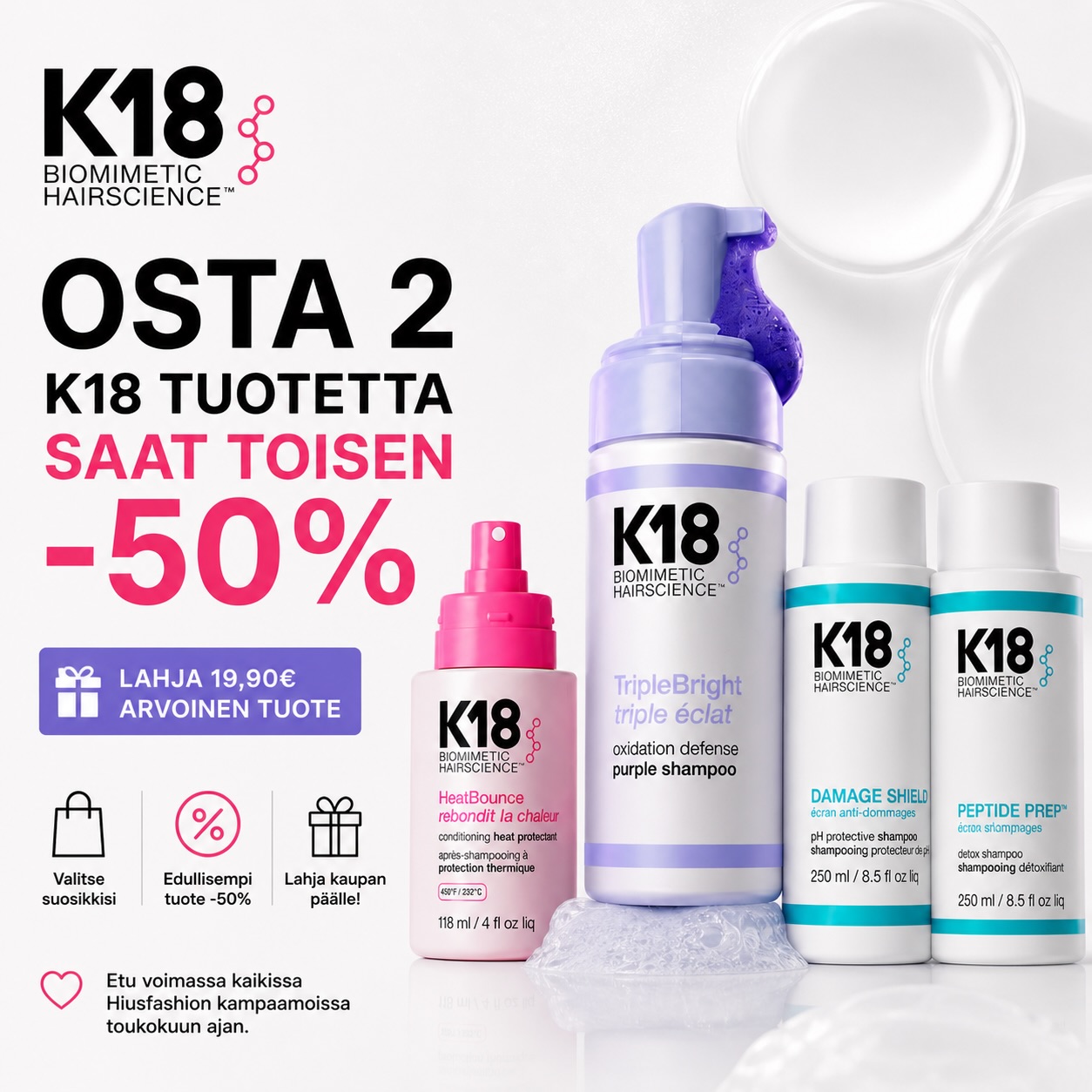 hiusfashion Facebook ad: Osta kaksi K18hair tuotetta, SAAT TOISEN -50%
