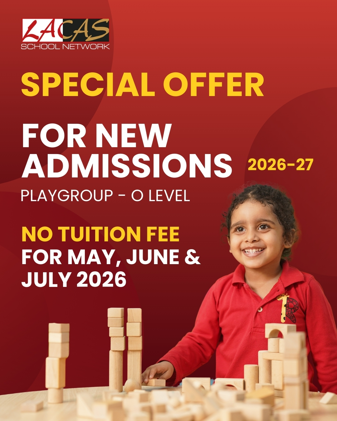 LACAS Facebook ad: Admissions Open 2026-27 | 3 Months FREE