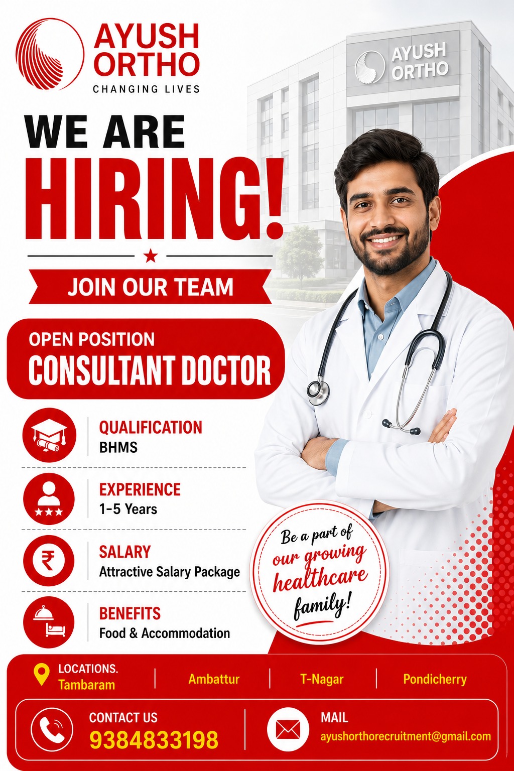 Ayush Ortho Facebook ad: Immediate Hiring, Consultant Doctors
