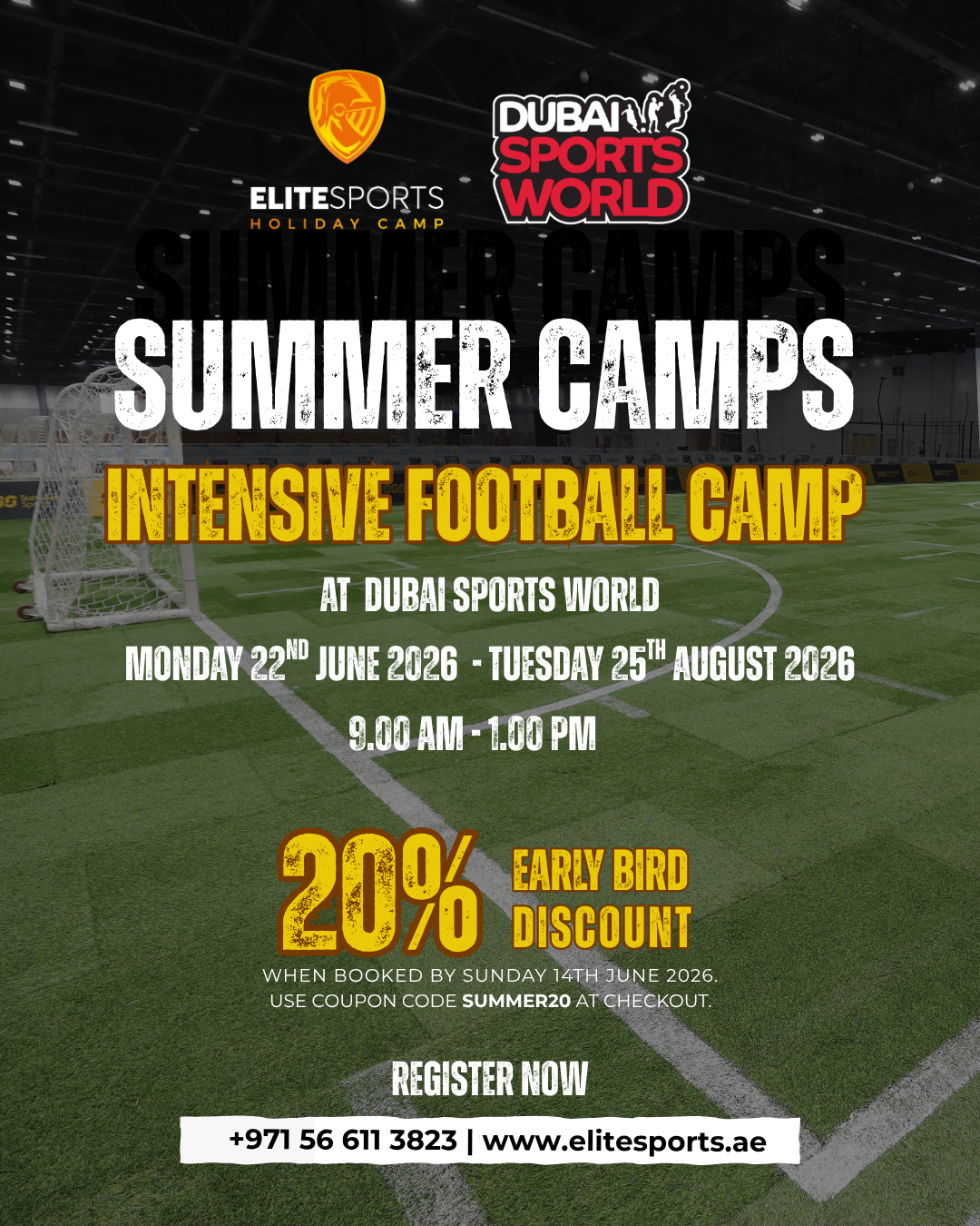 Elite Sports Academy Facebook ad: Intensive Summer Camp at Dubai Sports World