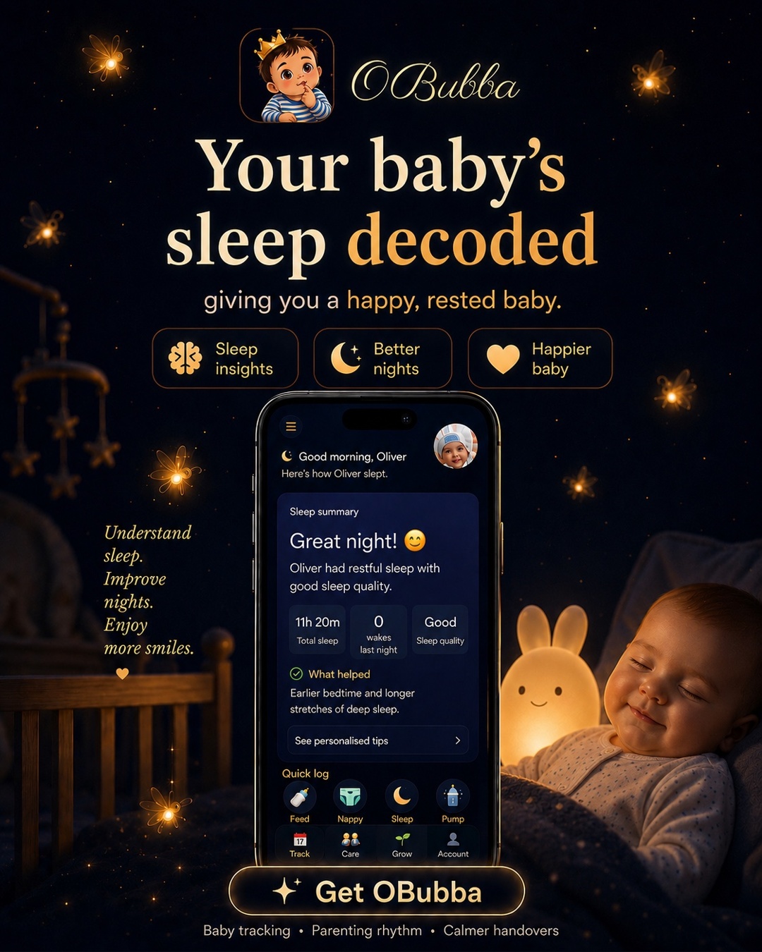 OBubba Facebook ad: The baby app that solves the sleep problem for you