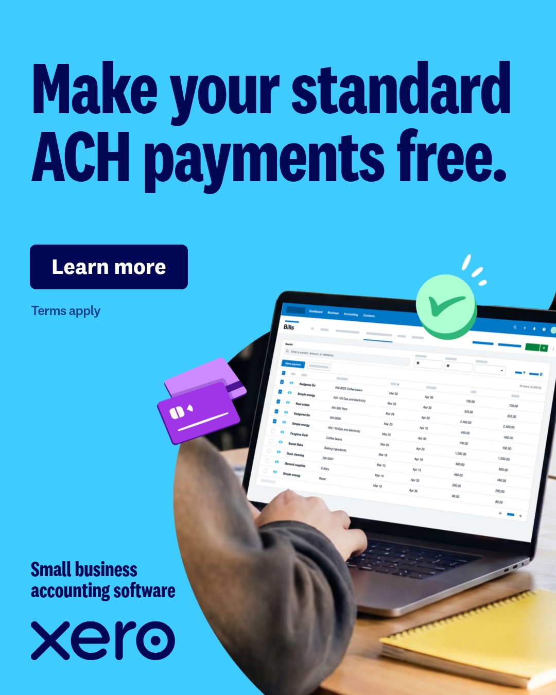 Xero Facebook ad: ACH fees? Not your problem.
