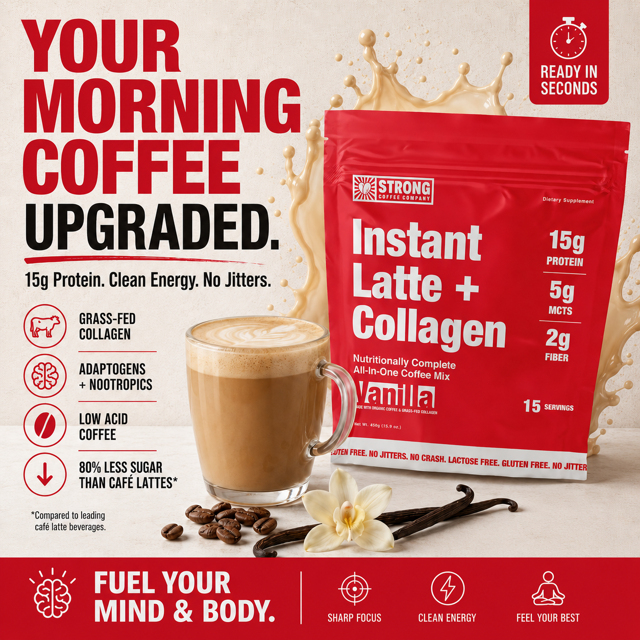 Strong Coffee Company Facebook ad: 15g Protein + Lasting Energy