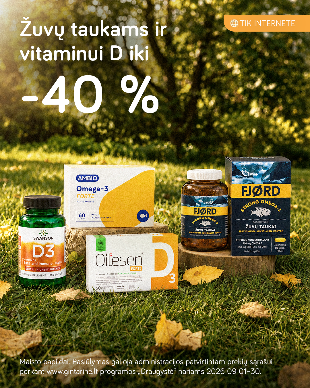 Gintarinė Vaistinė Facebook ad: ŽUVŲ TAUKAMS IR VITAMINUI D iki -40%