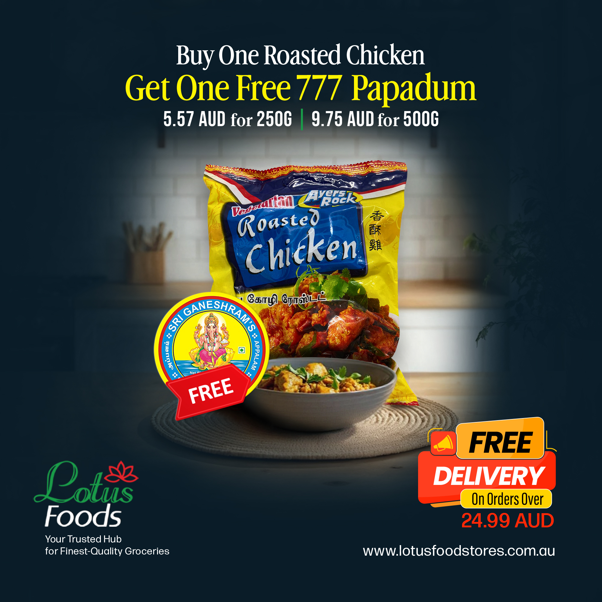 Lotus Food Stores Pty Ltd Facebook ad: Free shipping on orders over AUD 24.99