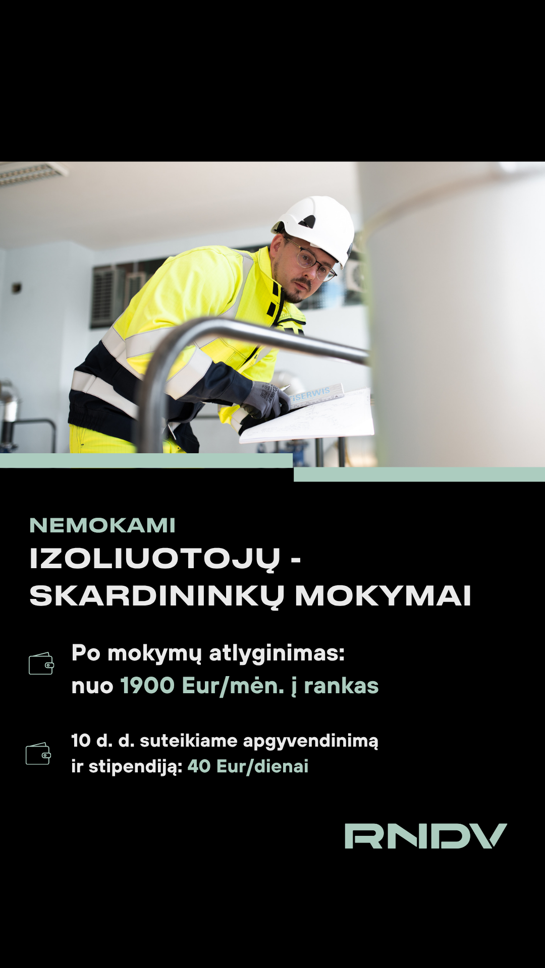 RNDV Facebook ad: Po nemokamų izoliuotojų mokymų - 2200 Eur/mėn. į rankas