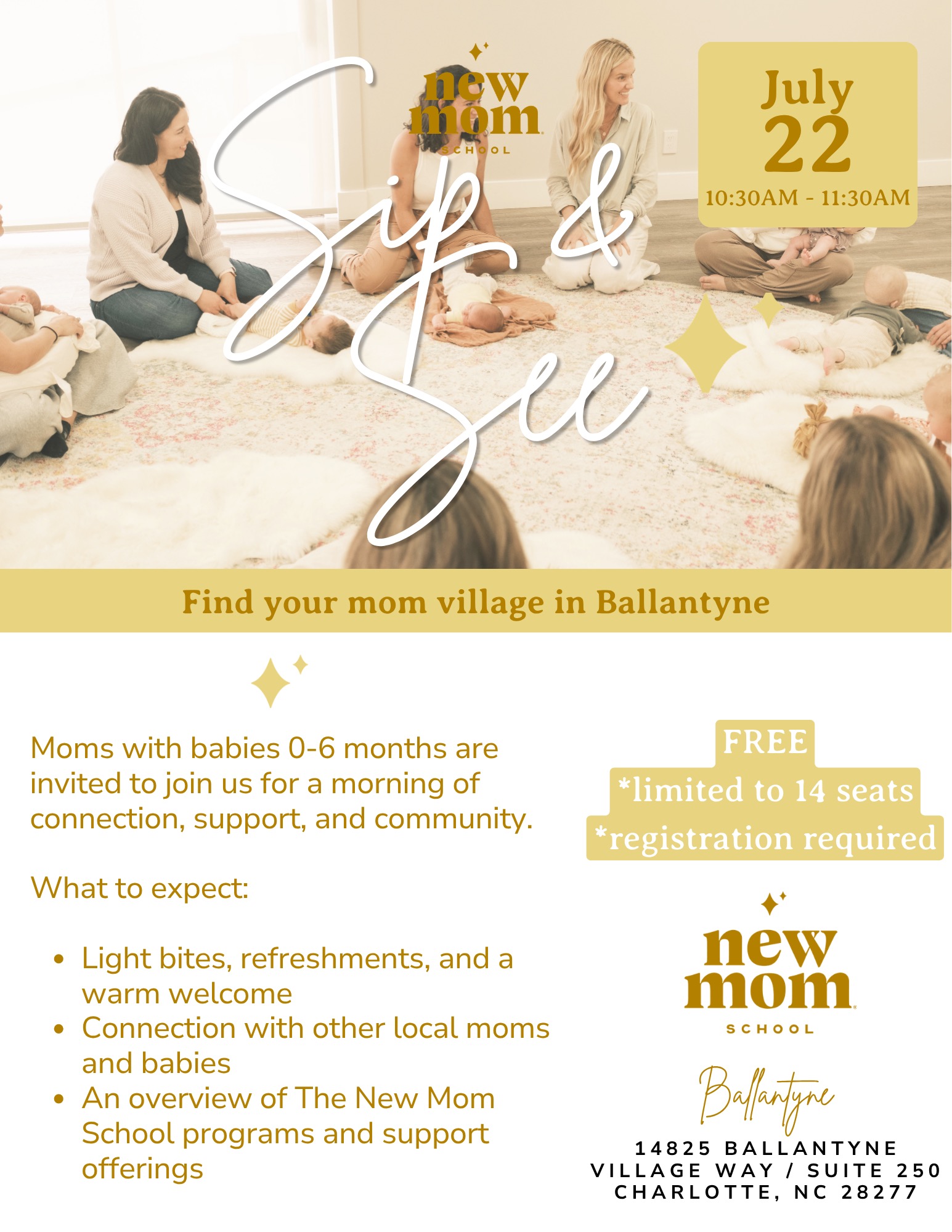 New Mom School Facebook ad: Sip & See: Studio Experience for Moms with Babies 0-6…