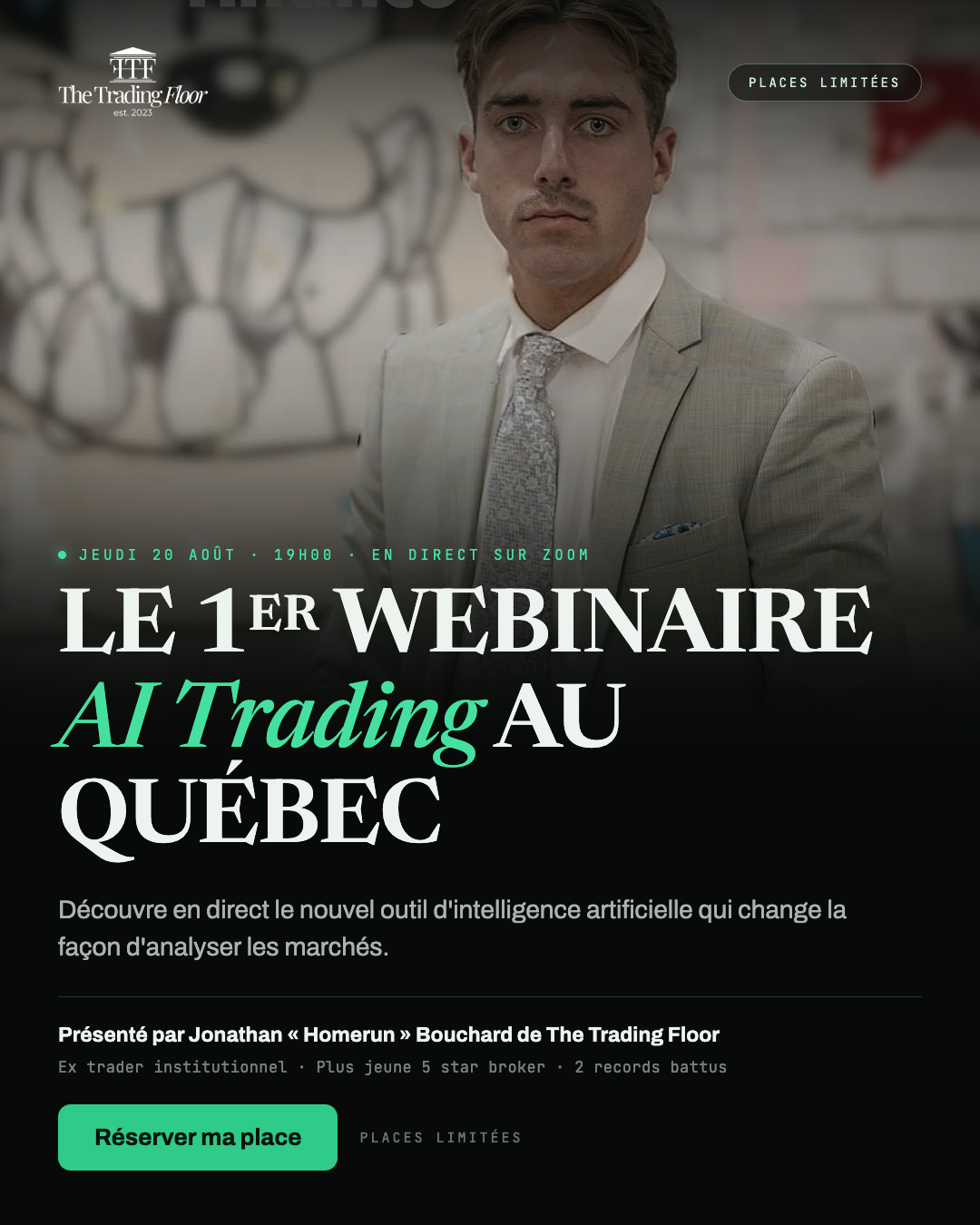 Trading Floor Facebook ad: Le 1er webinaire AI trading au Québec | 20 août à 19h00