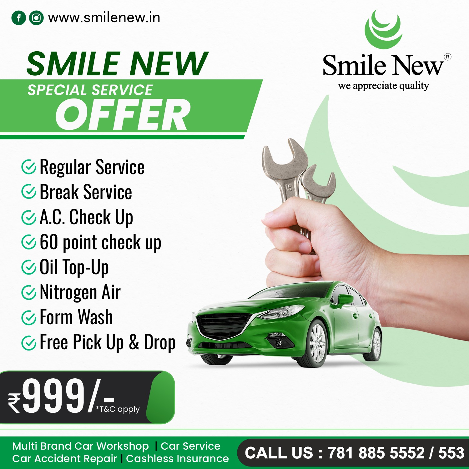 Smile New Group Facebook ad: Budget-Friendly Car Service @ ₹999!
