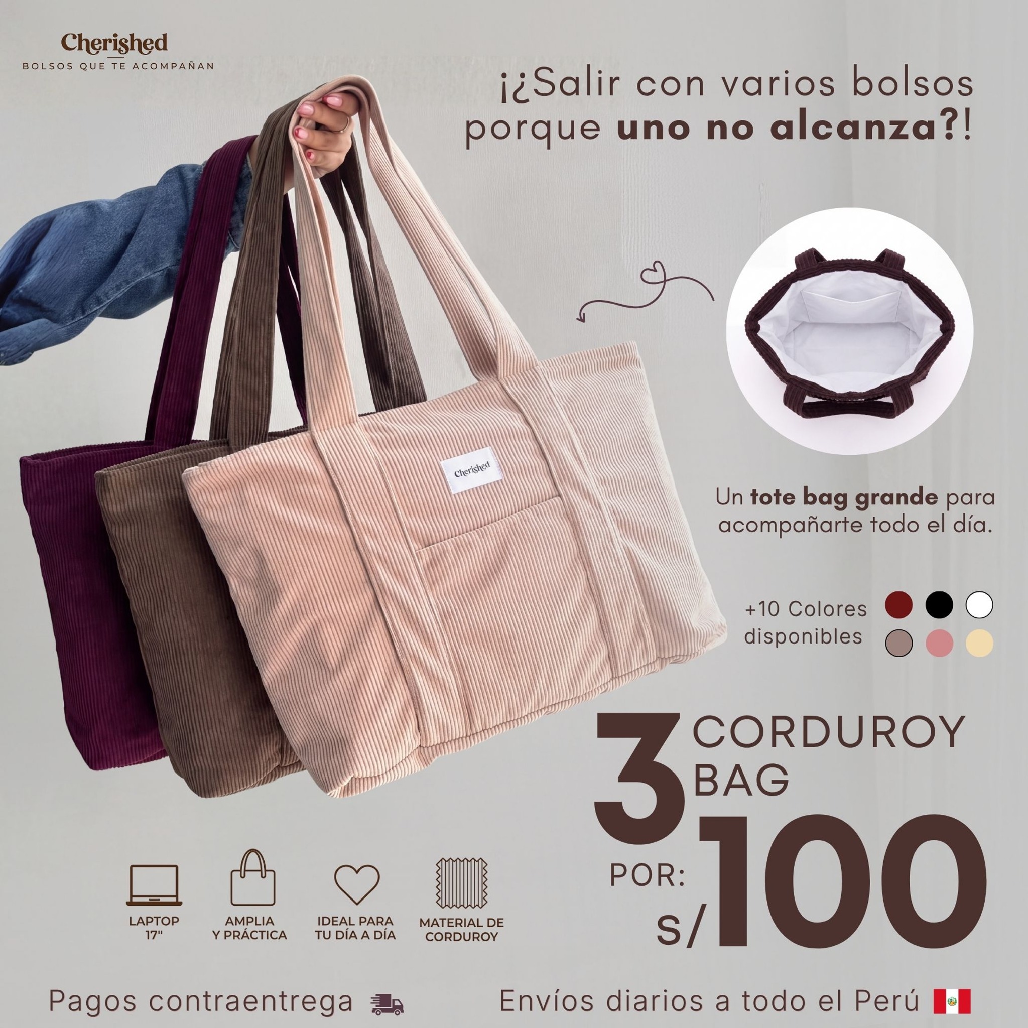 Cherished Perú Facebook ad: Bolsos Corduroy: 3 x S/100