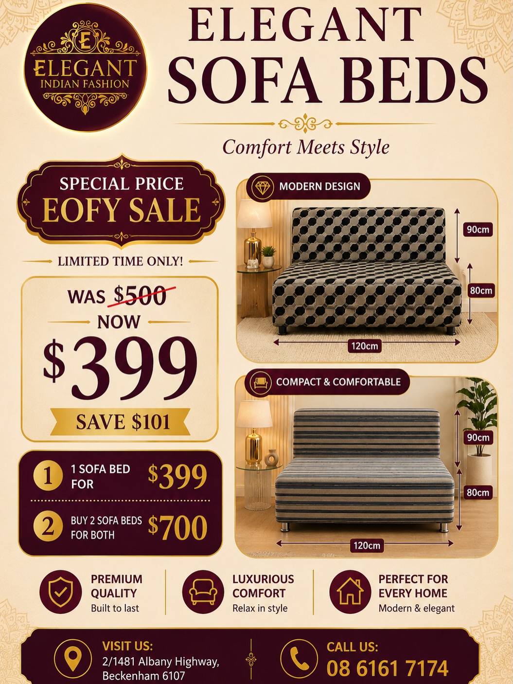 Elegant Indian Fashion,Perth Facebook ad: EOFY SALE, Sofa Beds Now On Special!