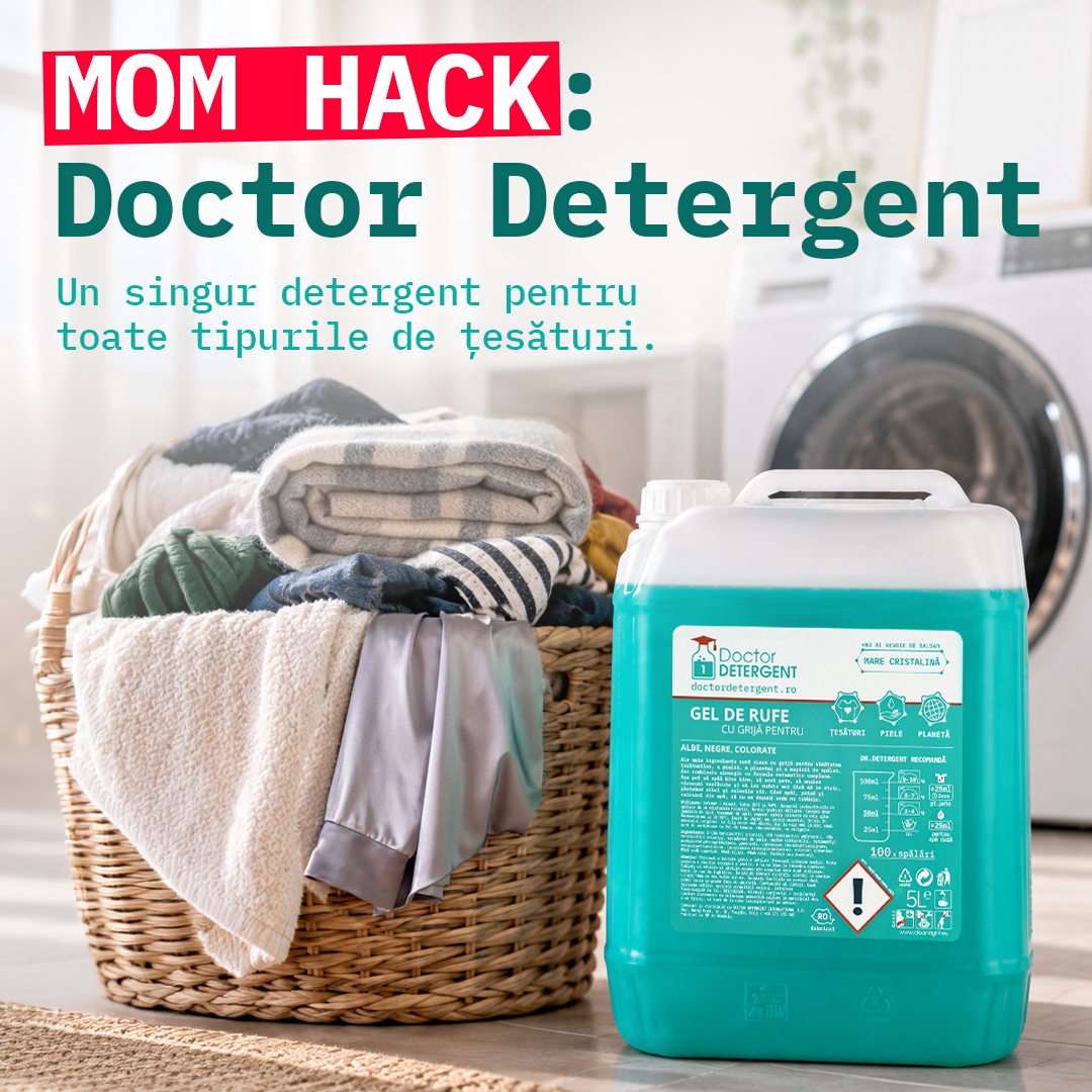 Doctor Detergent Facebook ad: Mom hack: un singur detergent pentru toate.