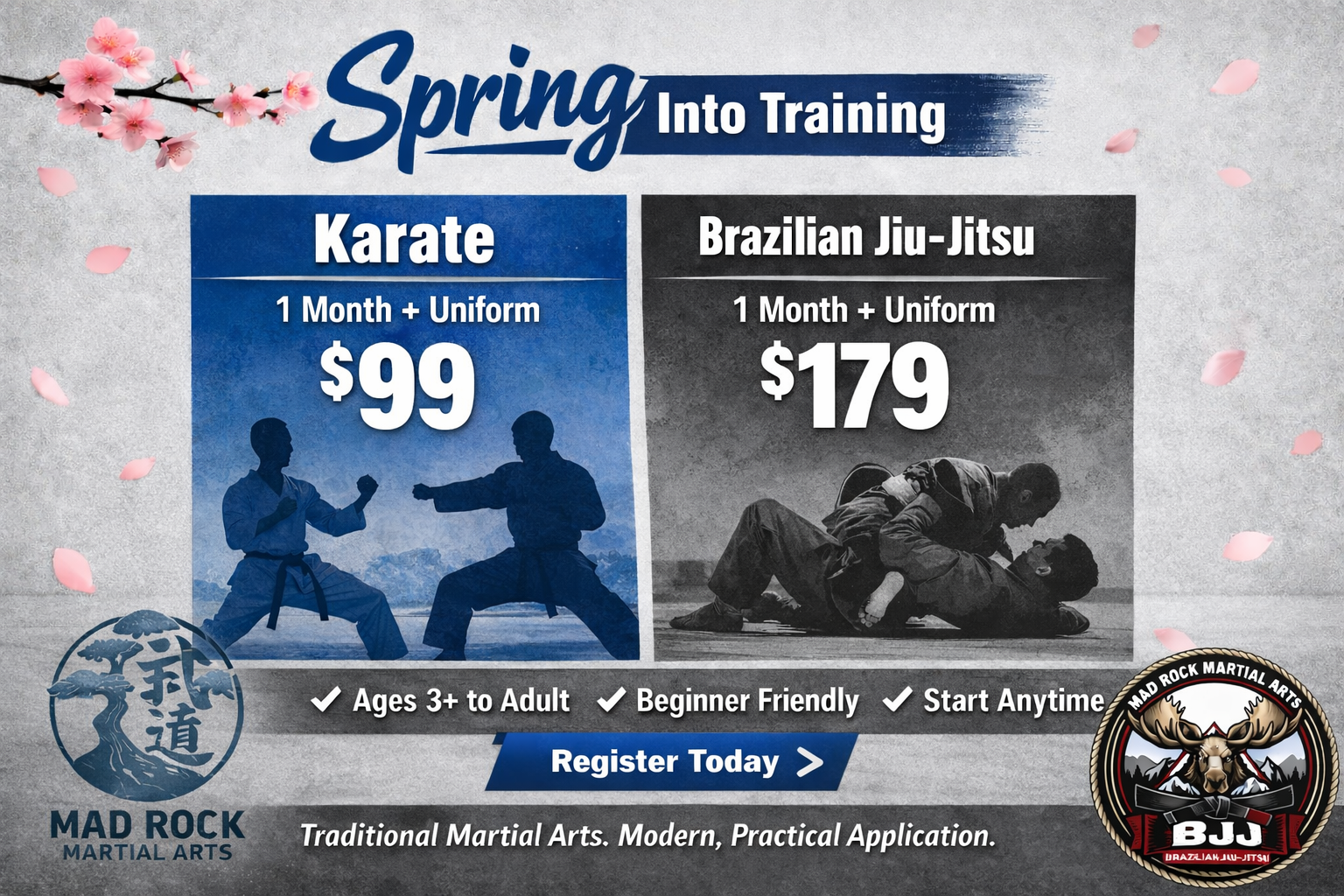 Mad Rock Martial Arts & Fitness Facebook ad: SPRING INTO TRAINING AT MAD ROCK MARTIAL ARTS