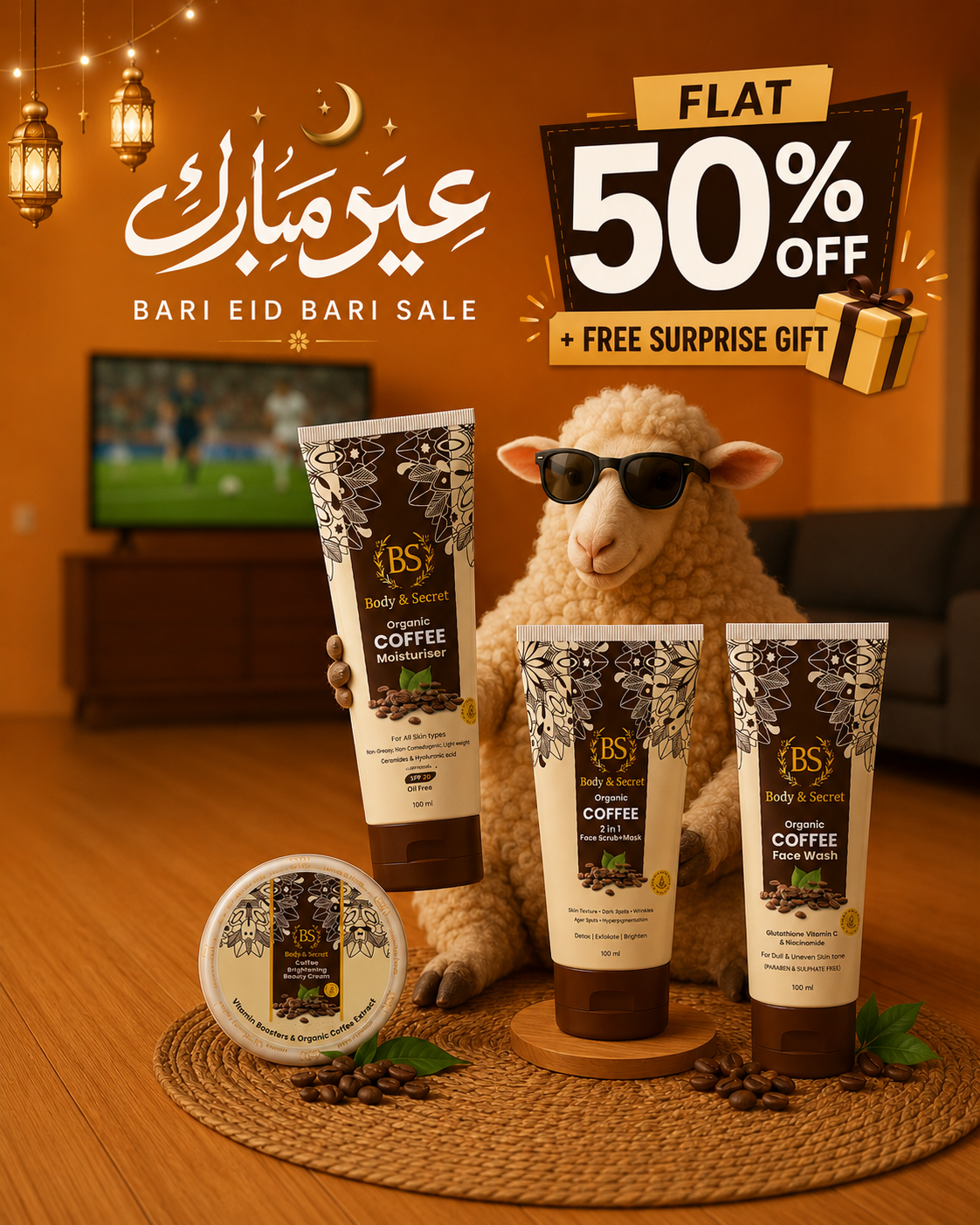 Body and Secret Facebook ad: Bari Eid Sale, 50% OFF Dull Skin? Try Coffee Glow Routine