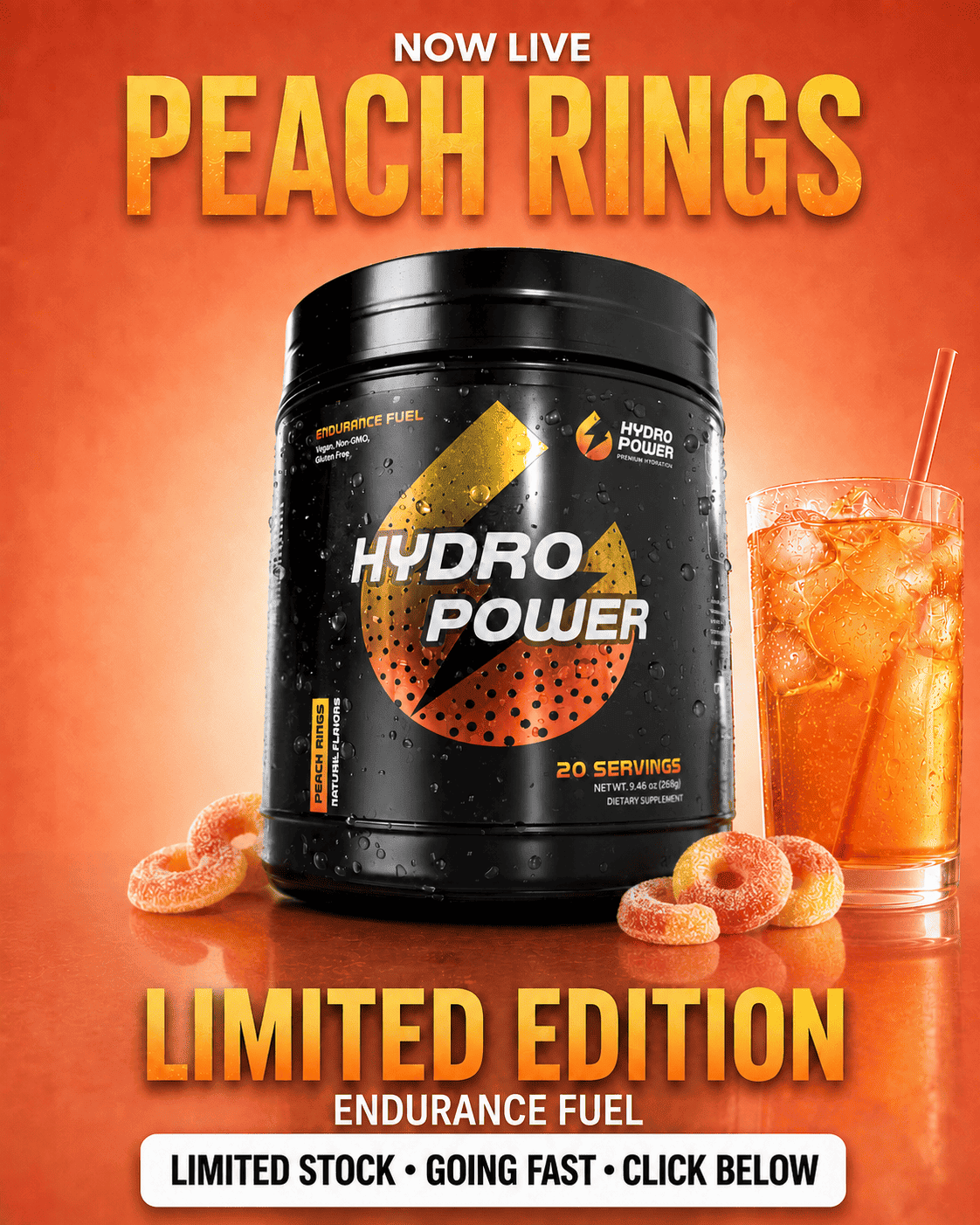 Hydro Power Facebook ad: New Peach Rings. Limited Run.