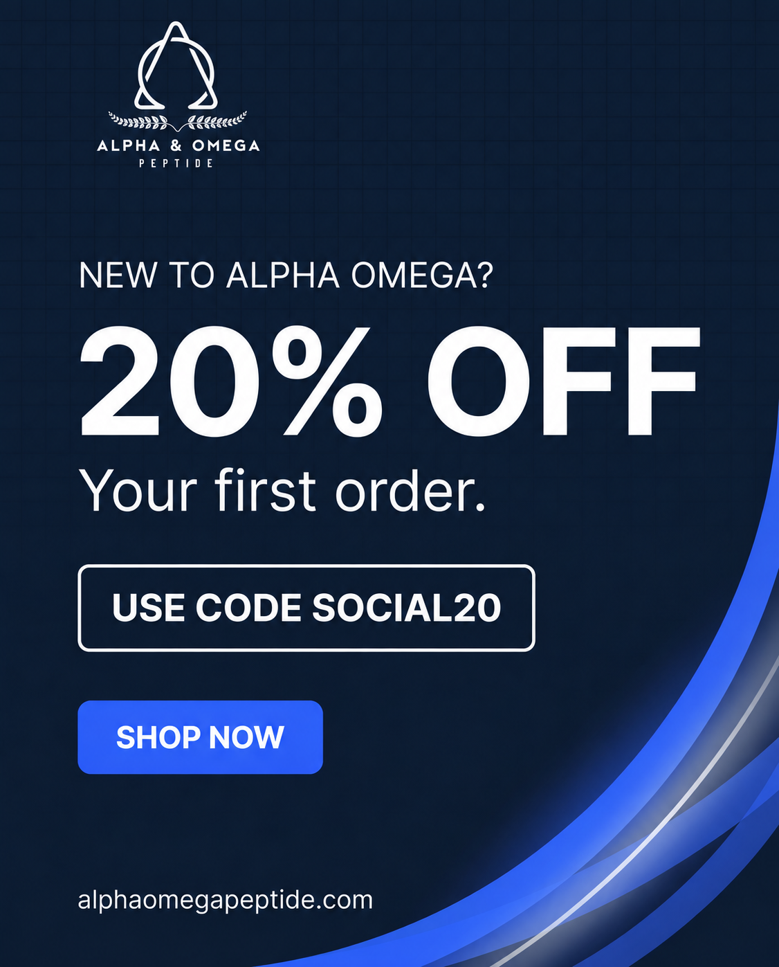 Alpha Omega Peptide Facebook ad: 20% Off Your First Order