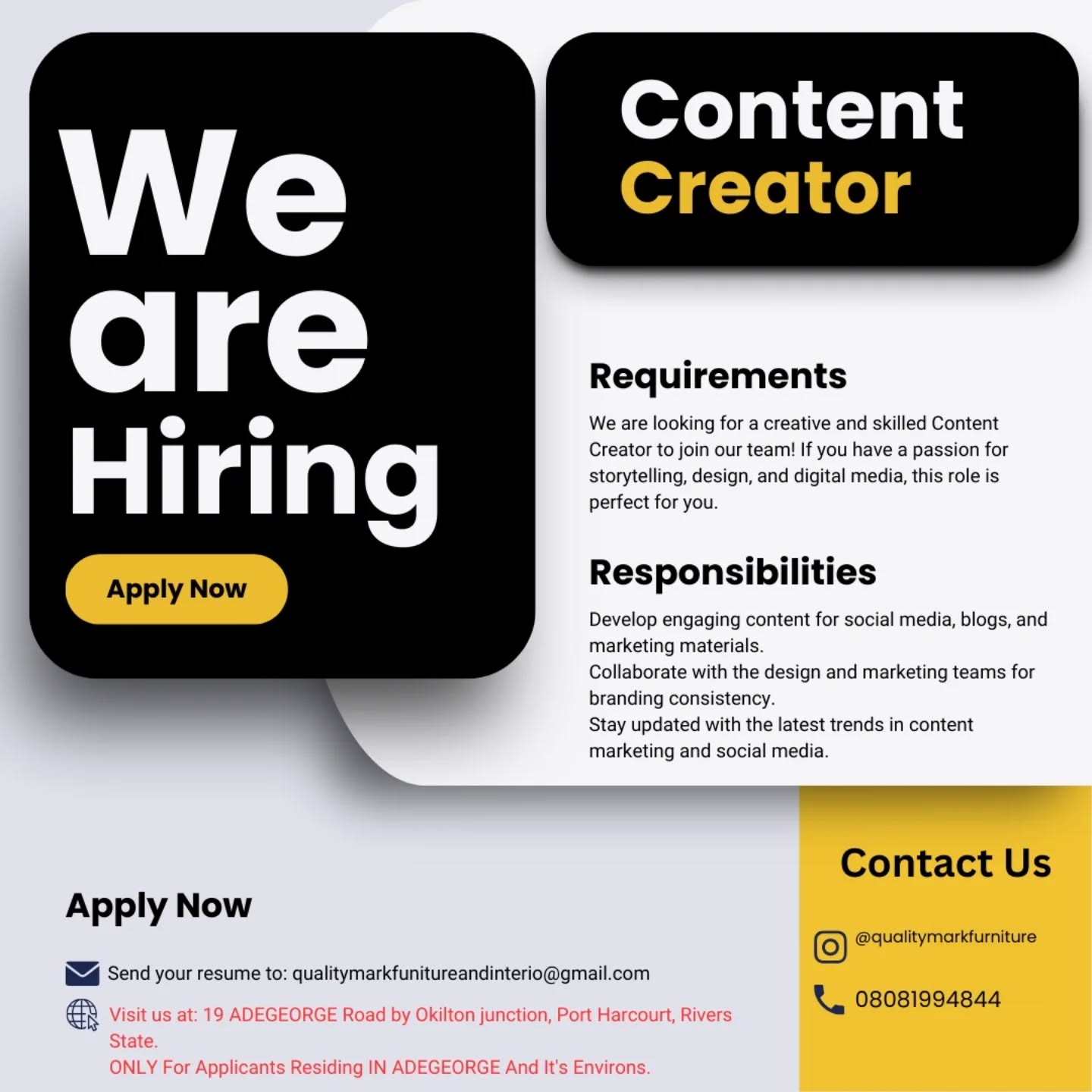 Quality Mark furniture&interior Facebook ad: N/B: ONLY For Applicants Residing IN ADAGEORGE and…