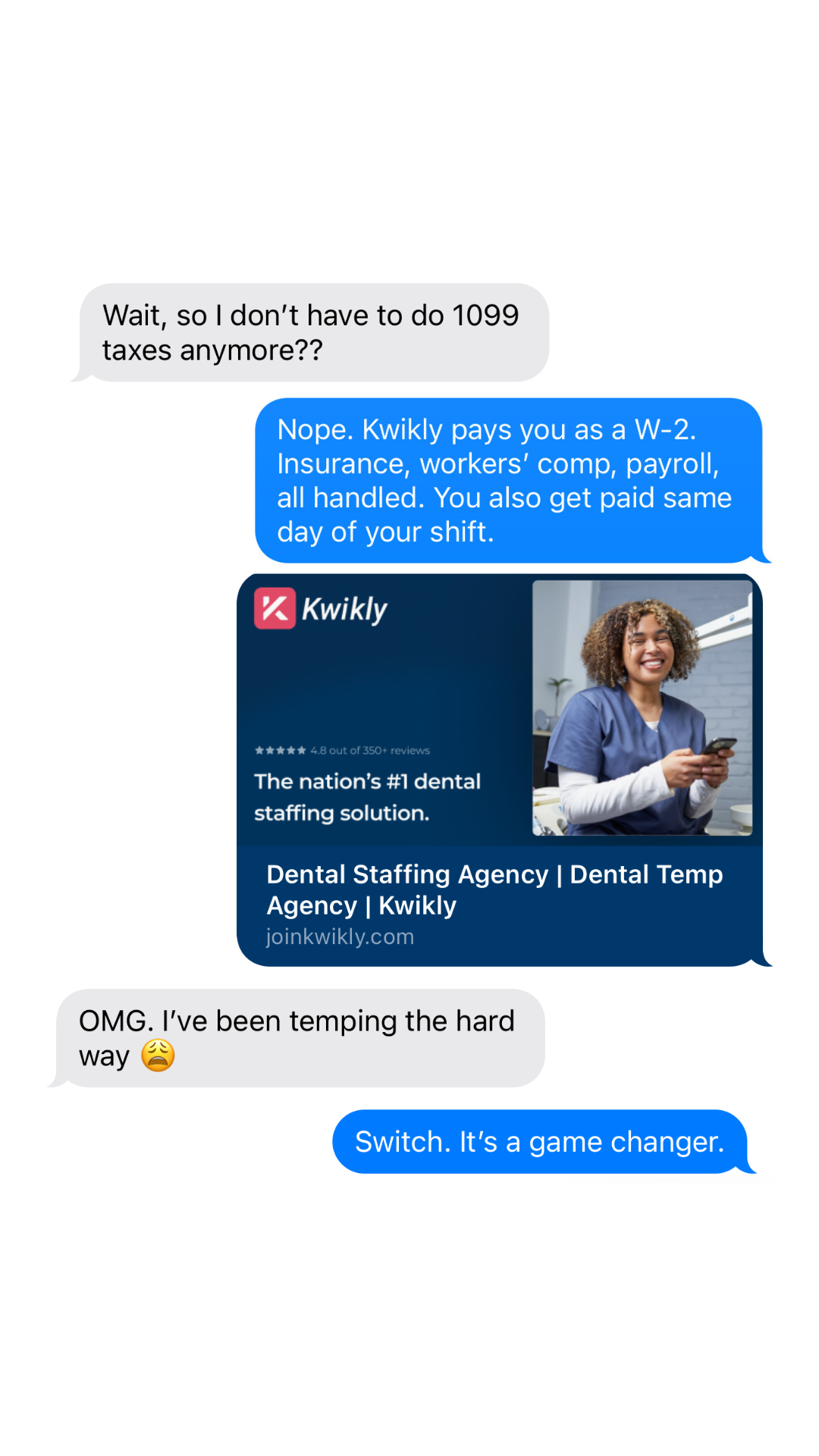 Kwikly Dental Staffing Facebook ad from Nov 25, 2025